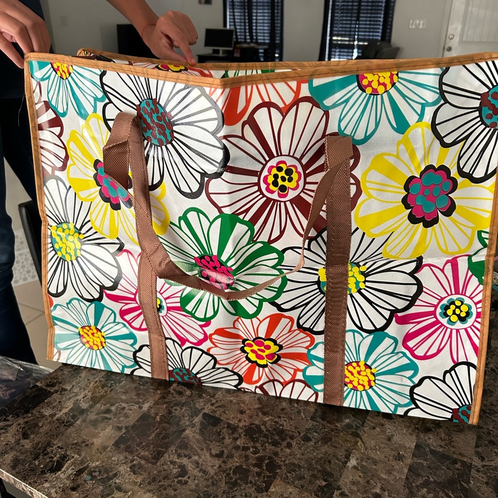 Floral Tote Bag with Brown Handles